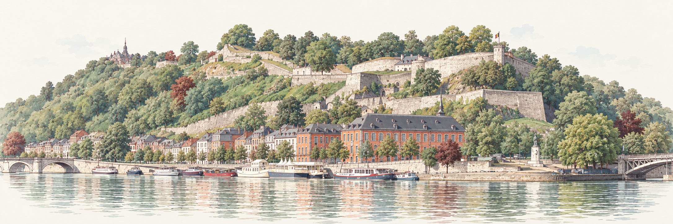 Watercolour illustration of Namur’s citadel above the Meuse